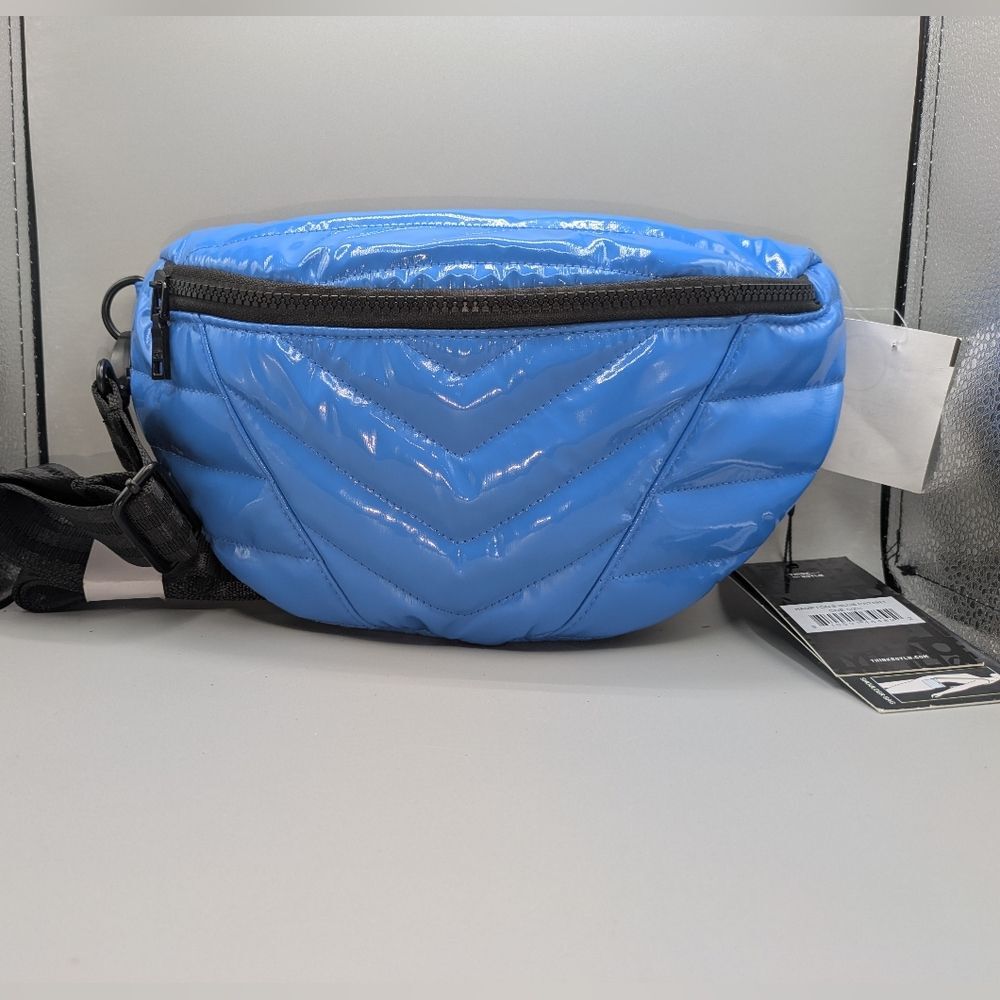 THINK ROYLN Little Runaway Hampton Blue Patent Quilted Puffer Belt And Cross